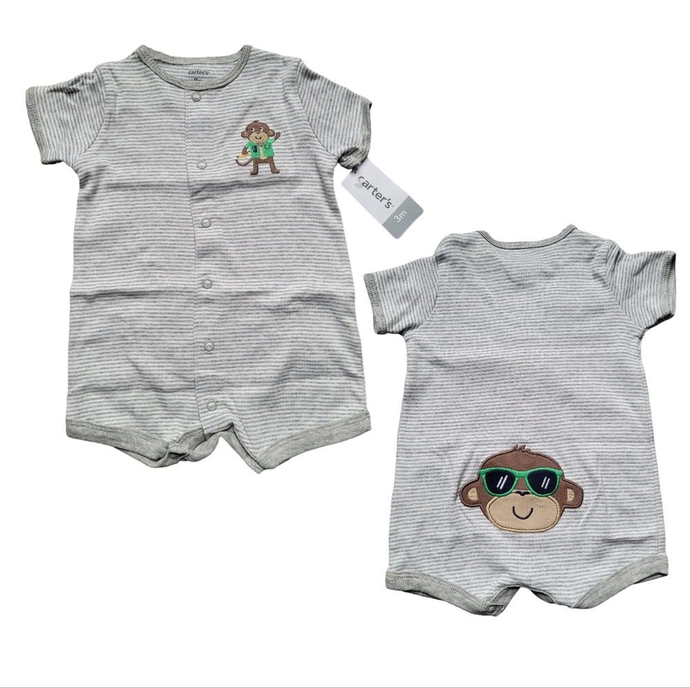 Carters Infant Boys Gray Striped Monkey Shortie Romper Baby Bodysuit Outfit - Picture 1 of 9